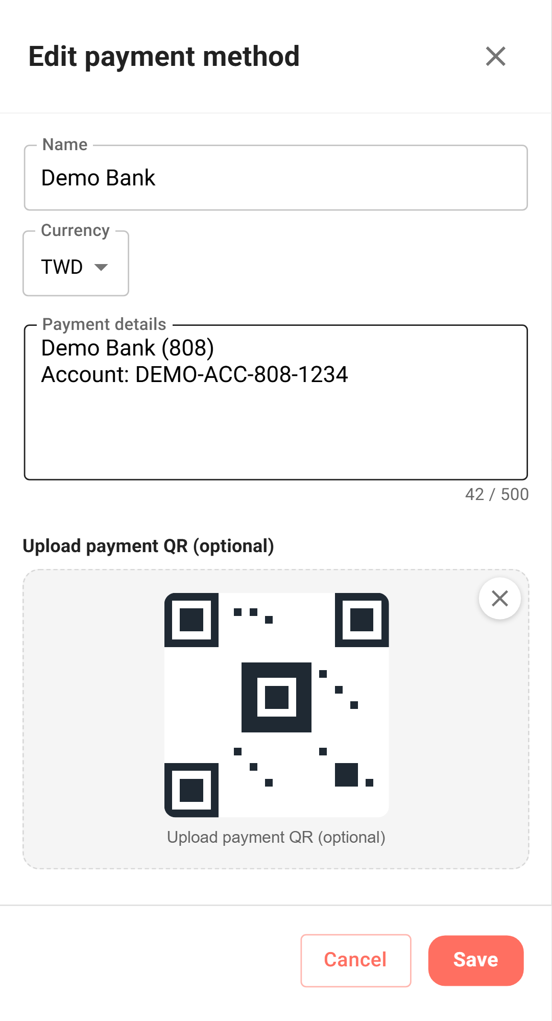 The single payment method editor, with fields for name, currency, payment details, and a payment QR upload