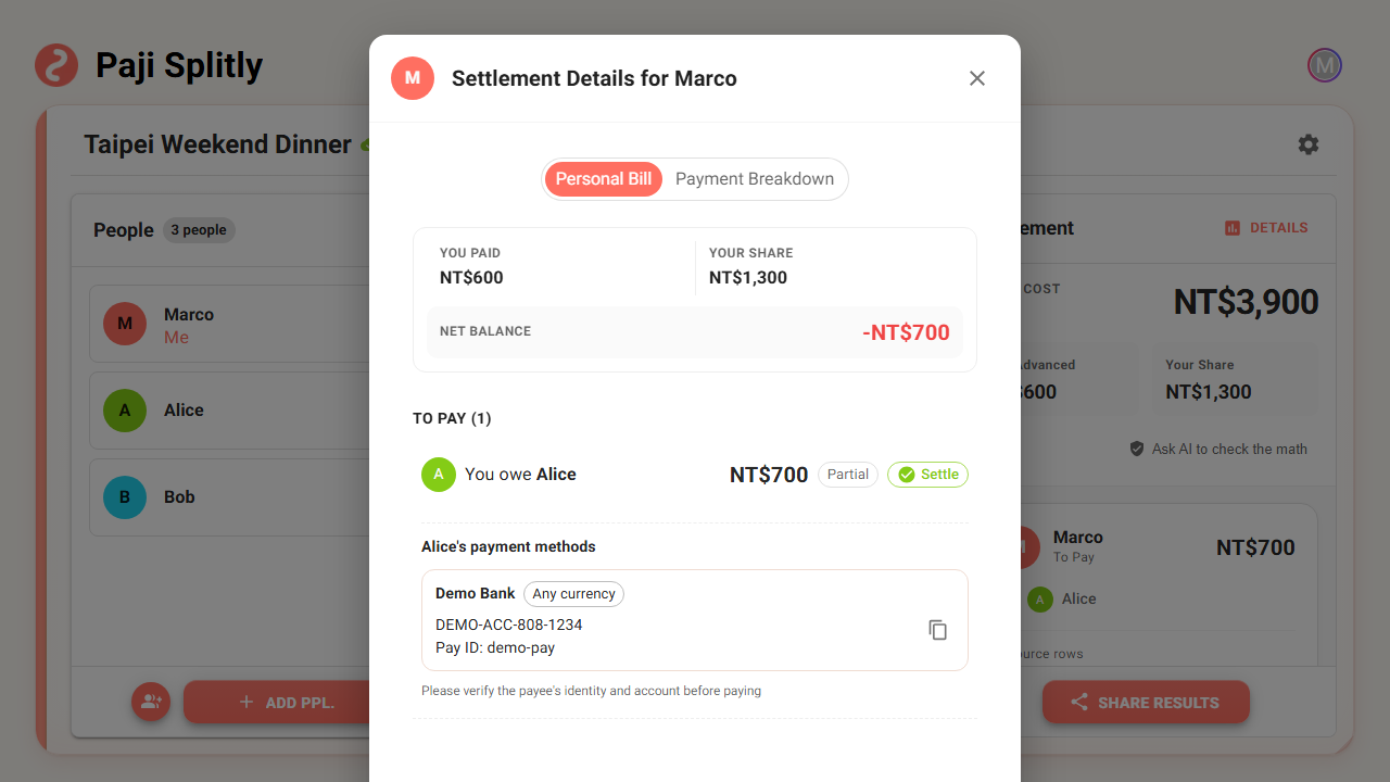 The "Personal Bill" tab of settlement details, showing the payee's payment method under an unsettled row, with a one-tap copy button and a tappable payment QR