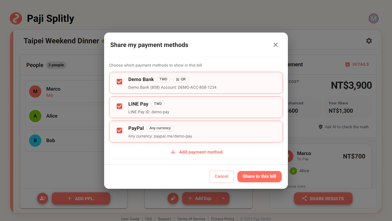 The "Share my payment methods" dialog with a checklist of which methods to show in this bill