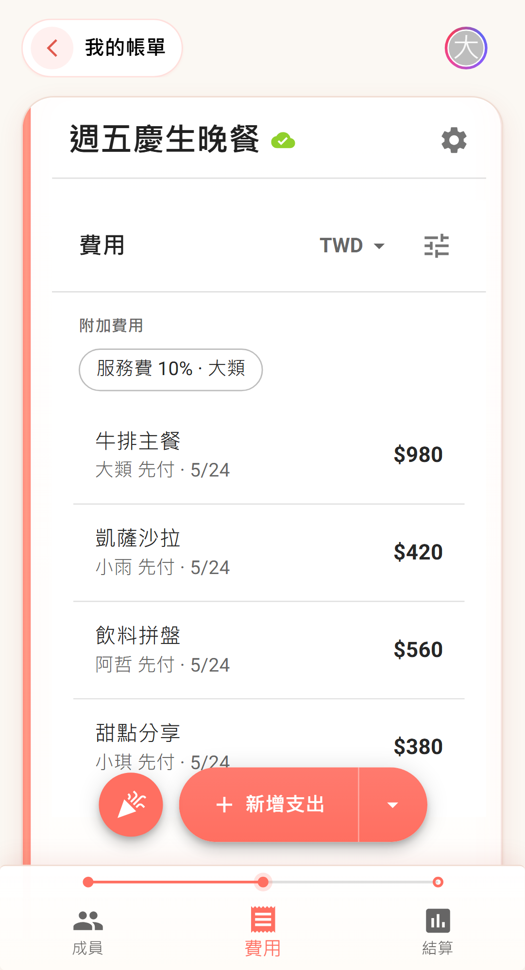 手機版的「週五慶生晚餐」分帳,服務費 10% 以獨立附加費用 chip 列在費用清單最上方,下面依序是大類的牛排、小雨的沙拉、阿哲的飲料、小琪的甜點